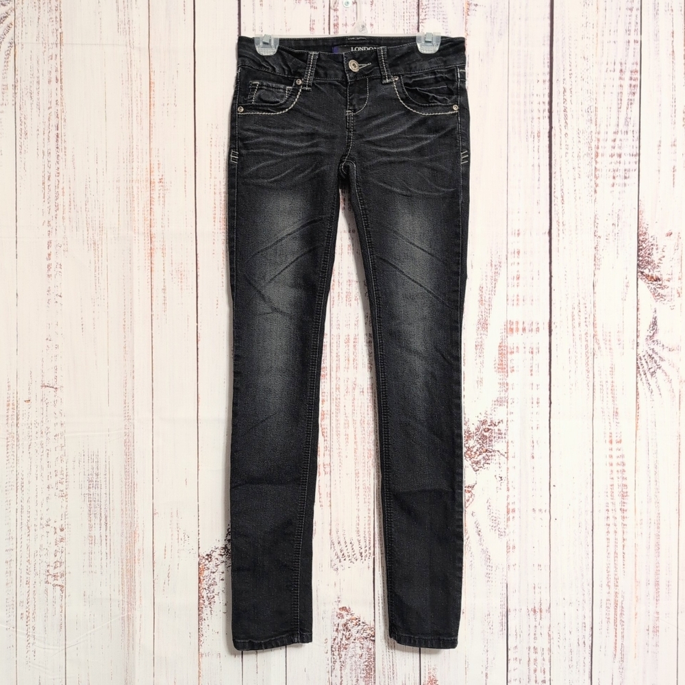 London Special Edition Women's Jeans sz 5 Black Flap Pockets Stretch Skinny VGC